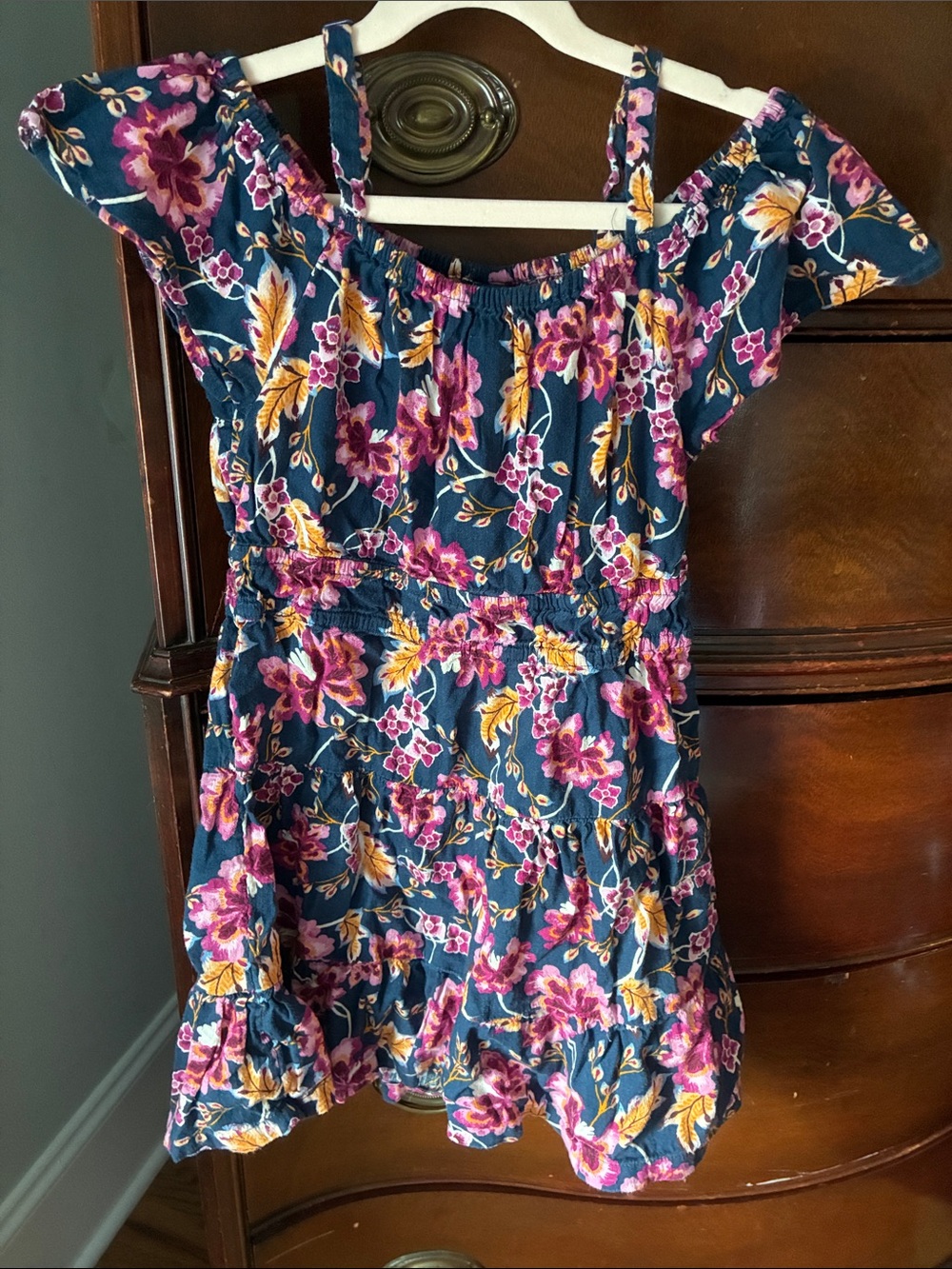 Old Navy Girls Navy Floral Off-Shoulder Dress with Pink & Yellow Blooms